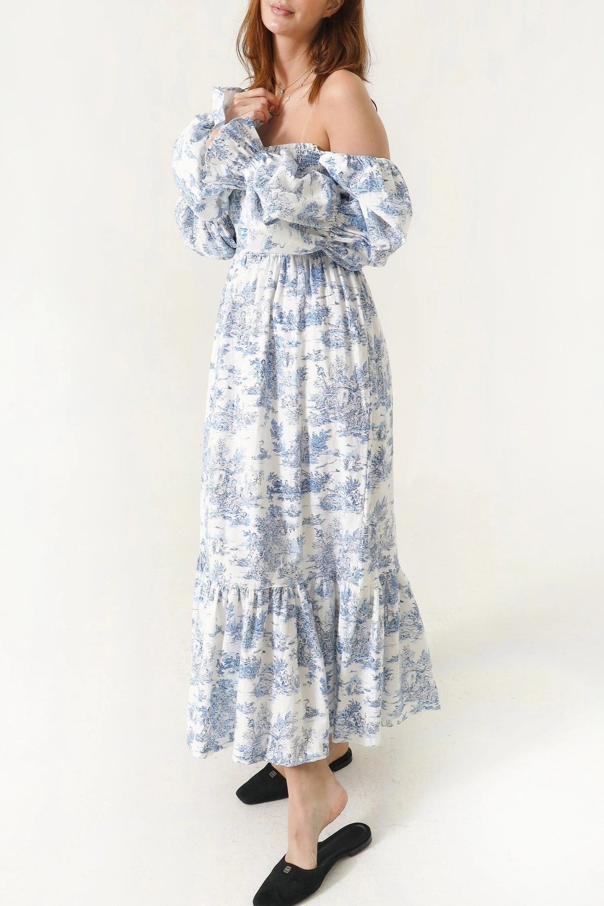 Shirred Bodice Puff Sleeve Tiered Maxi Dress - Blue - 1