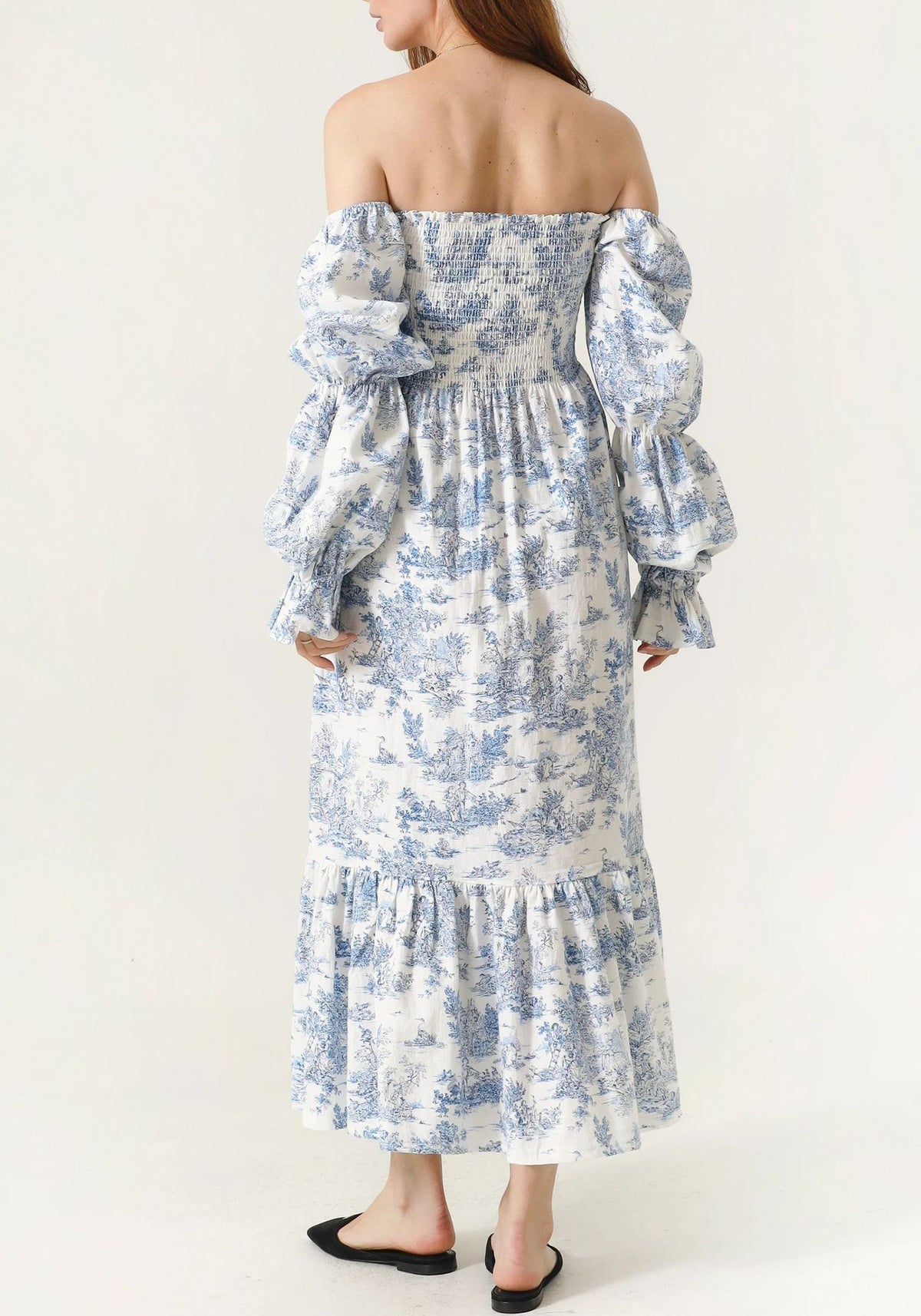 Shirred Bodice Puff Sleeve Tiered Maxi Dress - Blue - 2