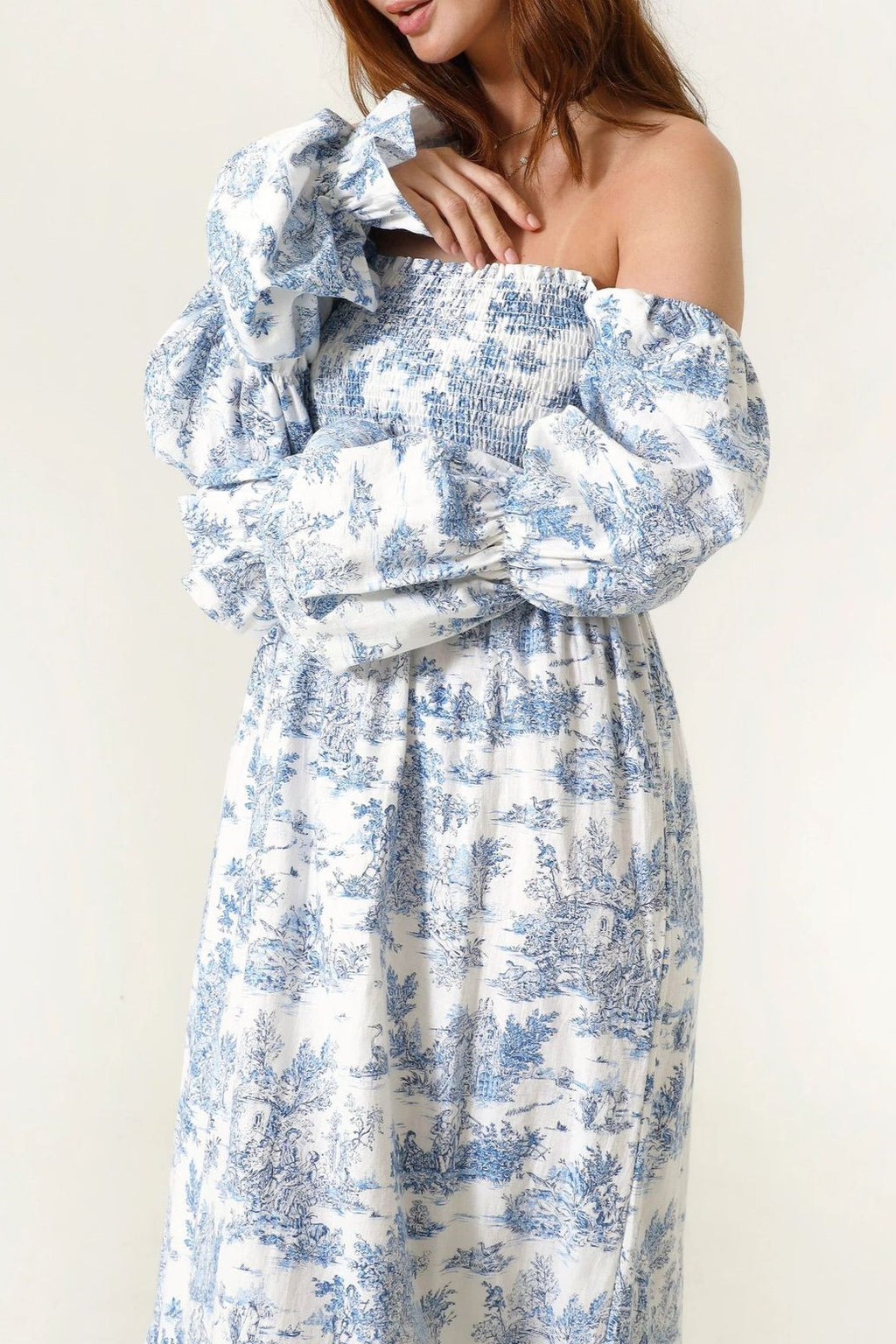 Shirred Bodice Puff Sleeve Tiered Maxi Dress - Blue - 3