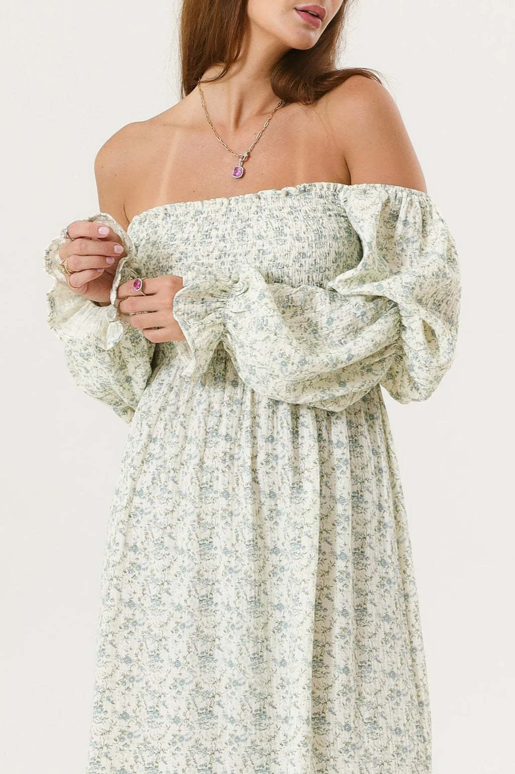 Shirred Bodice Puff Sleeve Tiered Maxi Dress - Lightgreen - 1
