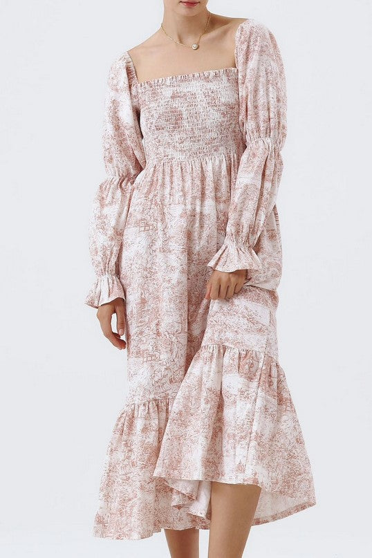 Shirred Bodice Puff Sleeve Tiered Maxi Dress - Red