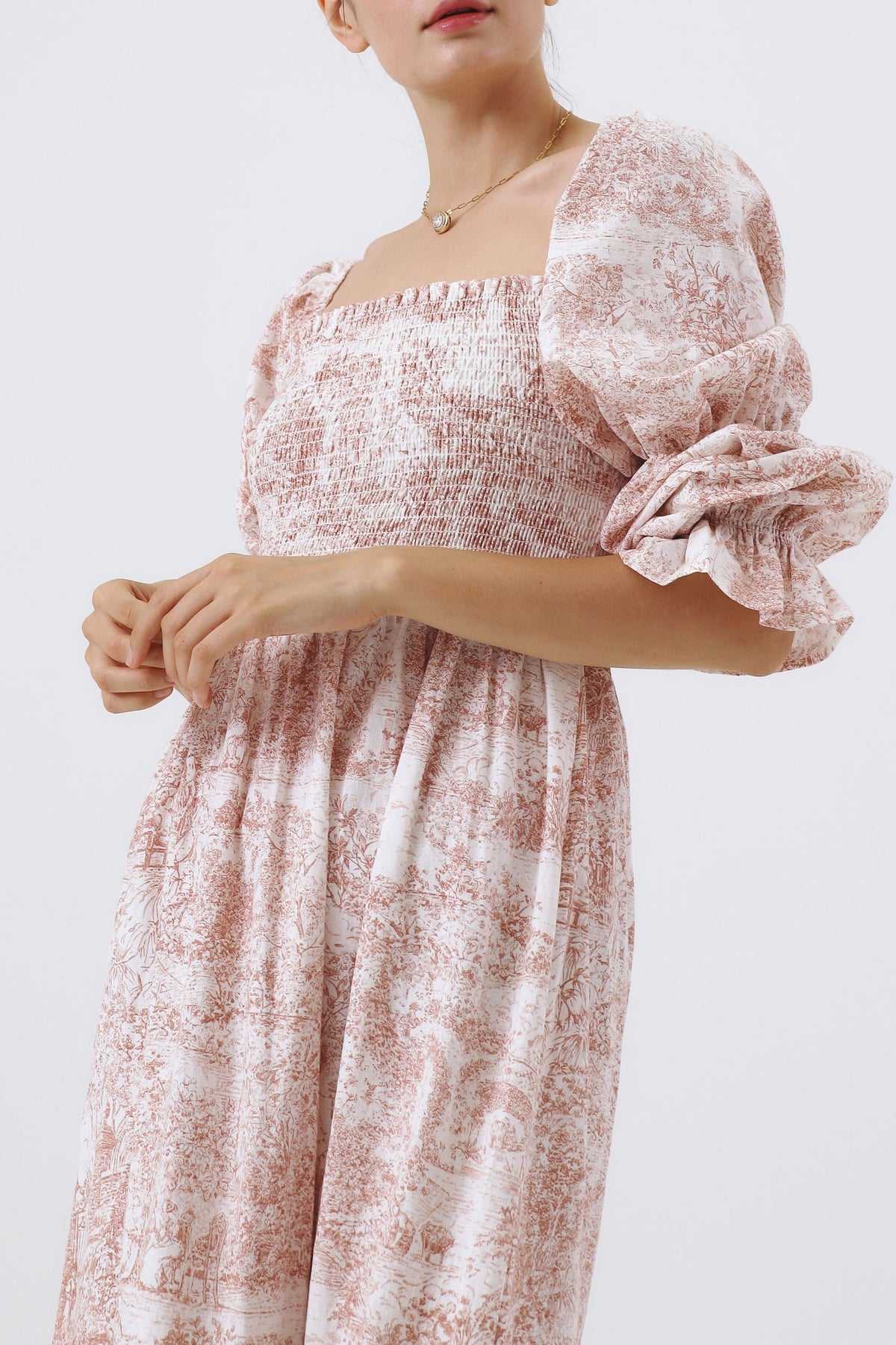 Shirred Bodice Puff Sleeve Tiered Maxi Dress - Red - 7
