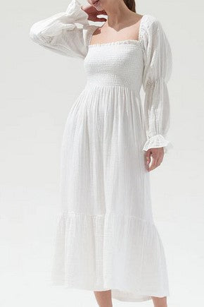 Shirred Bodice Puff Sleeve Tiered Maxi Dress - white