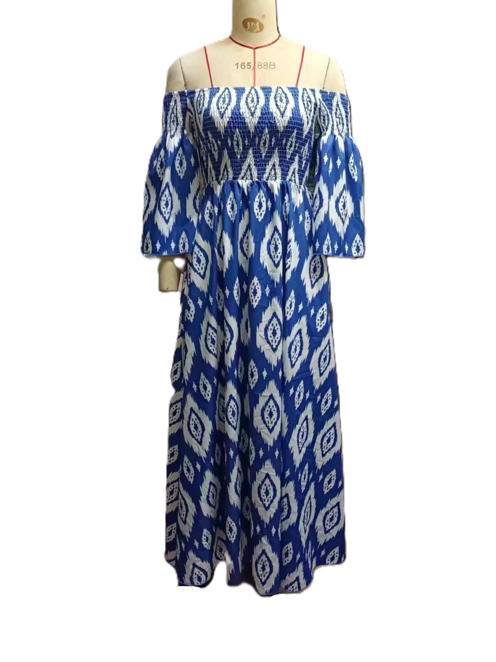 Ikat Print Off Shoulder Maxi Dress - Blue