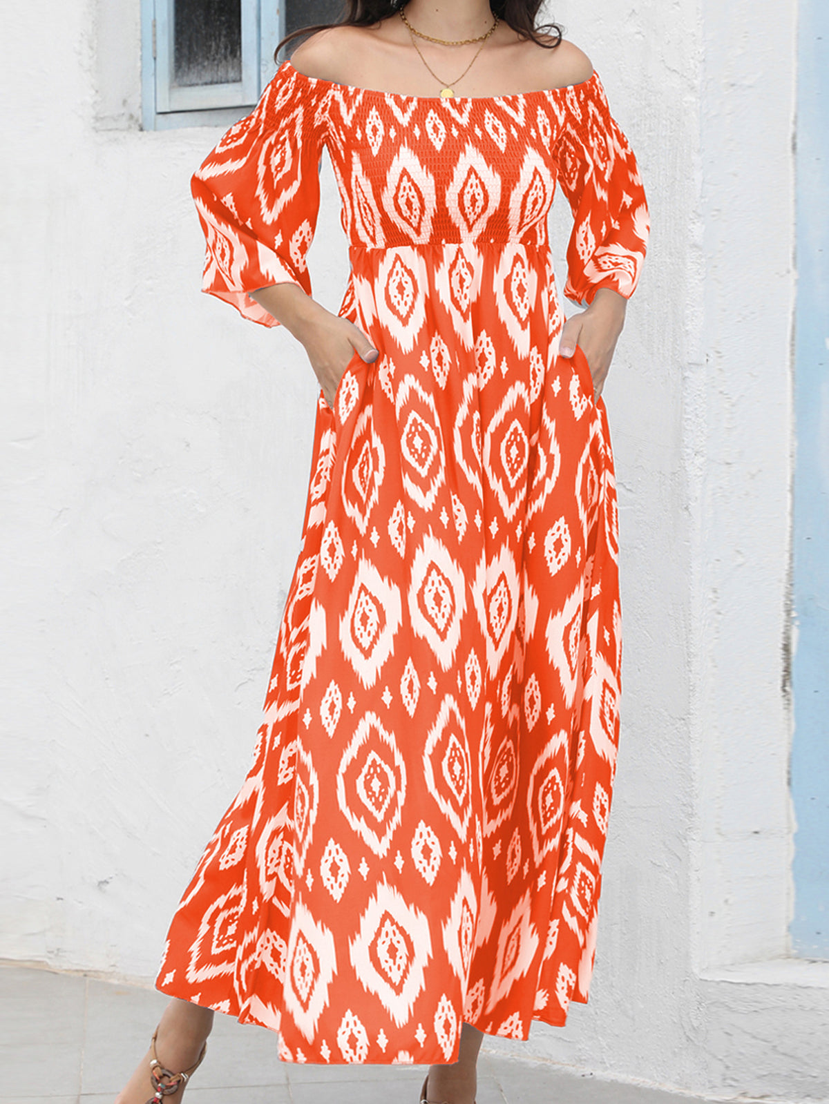 Ikat Print Off Shoulder Maxi Dress - Orange