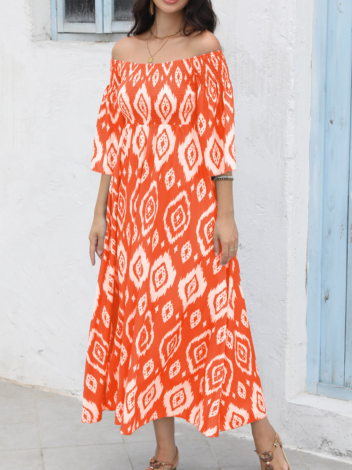 Ikat Print Off Shoulder Maxi Dress - Orange - 1