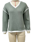 Contrast Trim V Neck Pullover Sweatshirt - Green