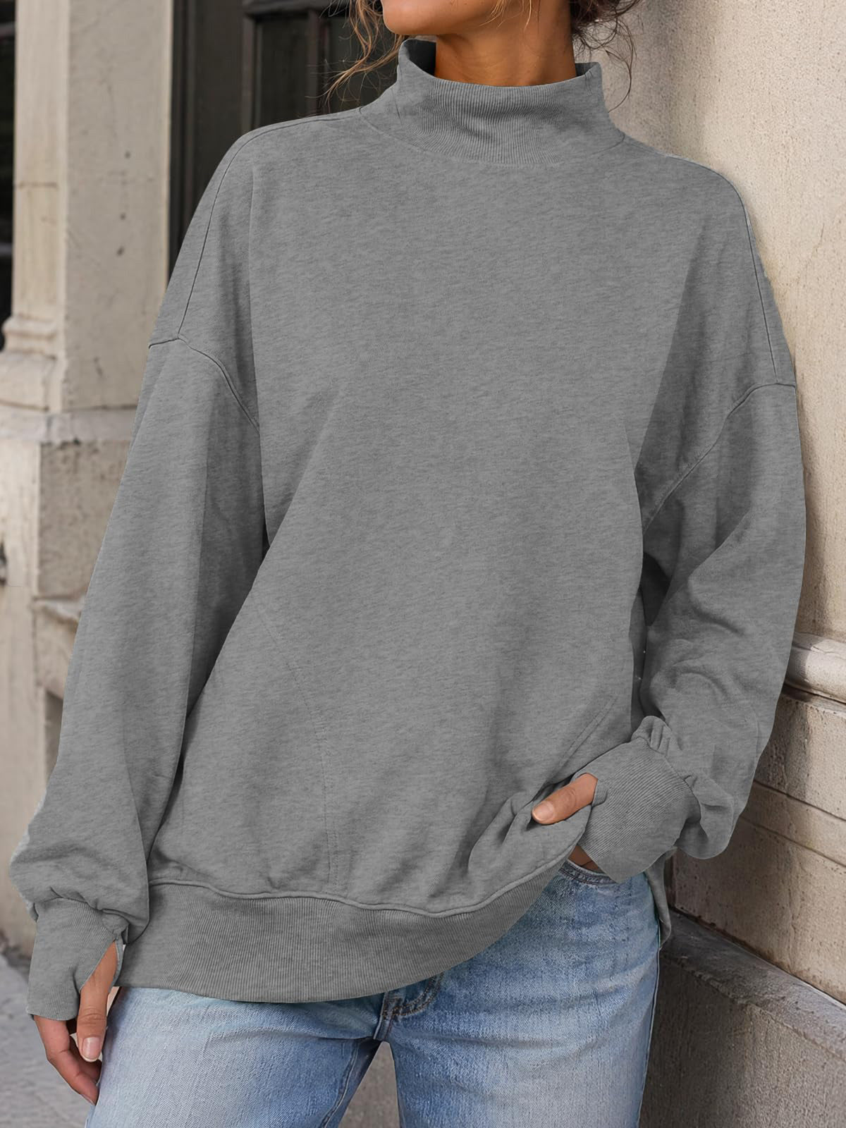 Oversized Mock Neck Drop Shoulder Sweatshirt - Grey - 2