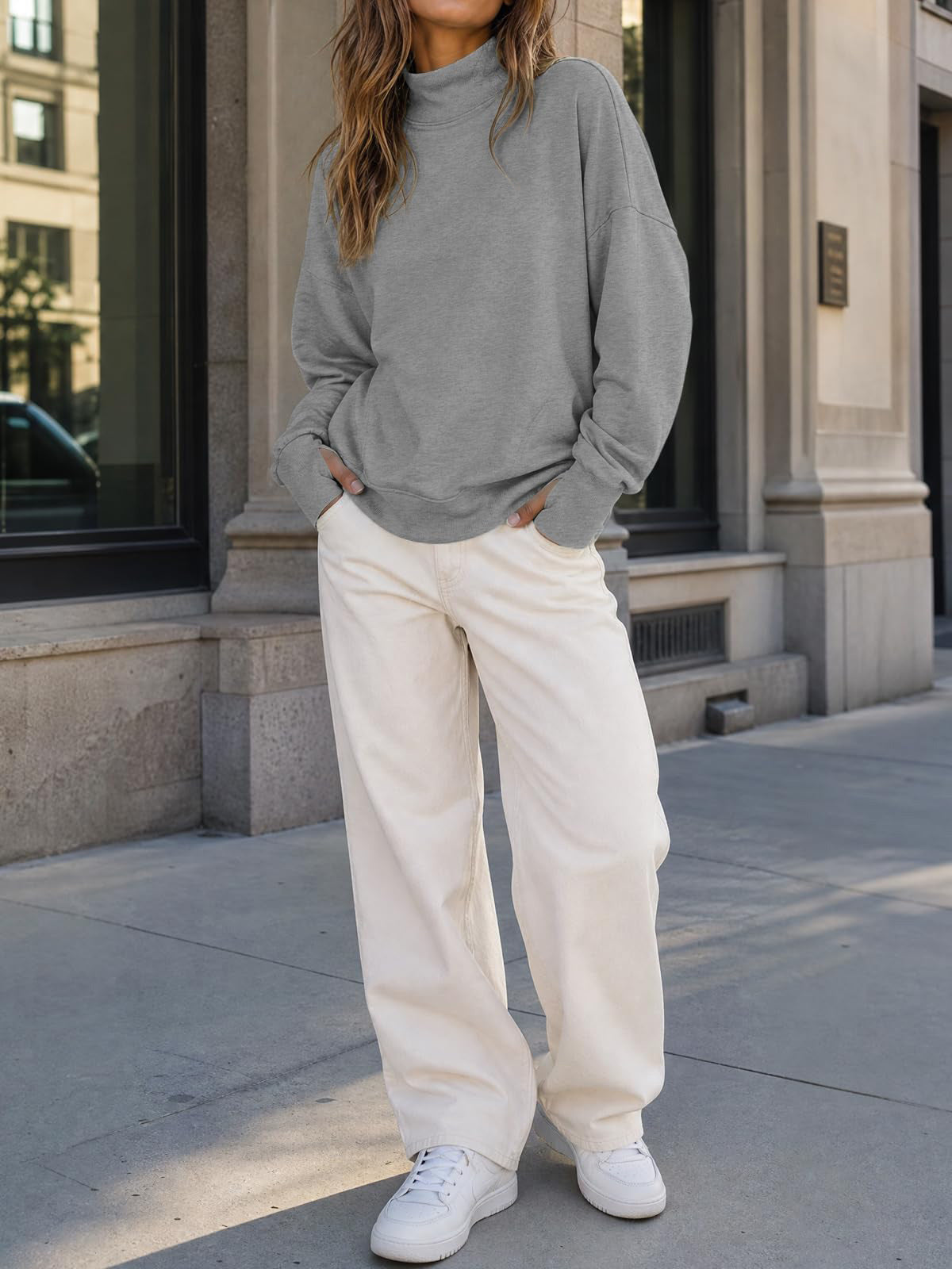 Oversized Mock Neck Drop Shoulder Sweatshirt - Grey - 3