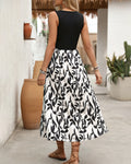 Leaf Print Contrast Bodice Midi Dress - Black