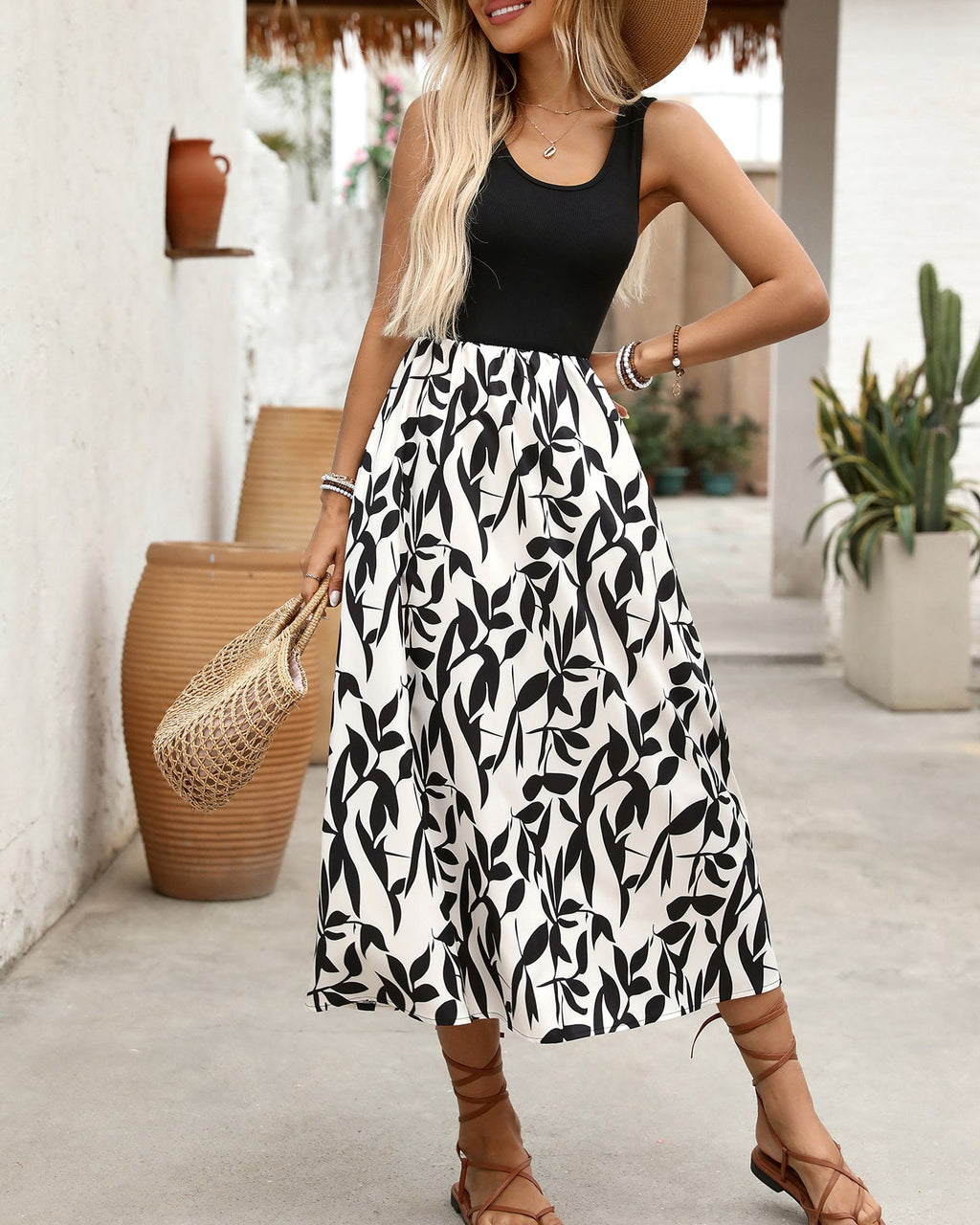 Leaf Print Contrast Bodice Midi Dress - Black - 3