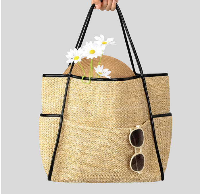 Woven Straw Shoulder Tote With Front Pockets - Khaki