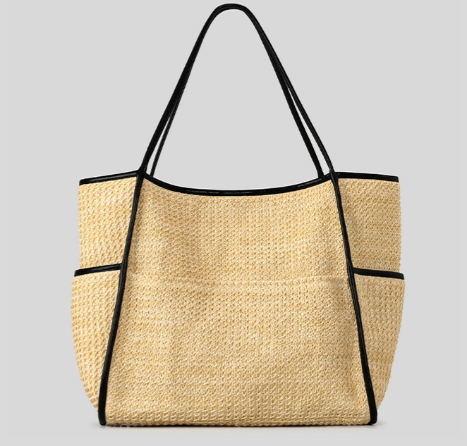 Woven Straw Shoulder Tote With Front Pockets - Khaki - 1