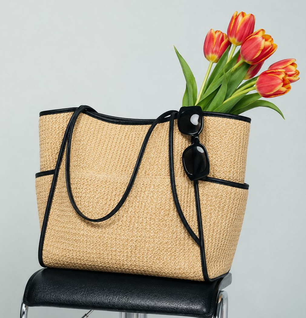 Woven Straw Shoulder Tote With Front Pockets - Khaki - 10