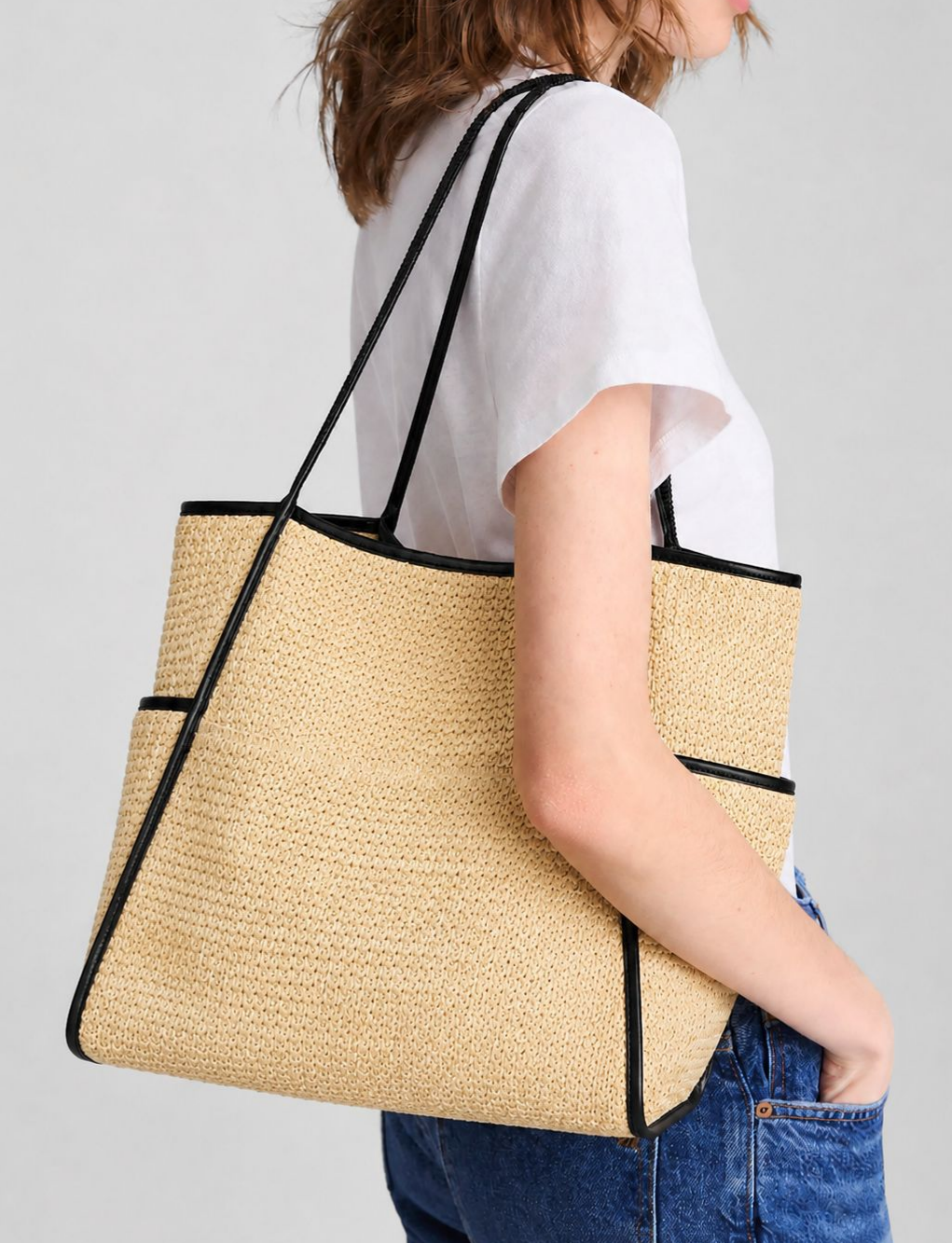 Woven Straw Shoulder Tote With Front Pockets - Khaki - 11