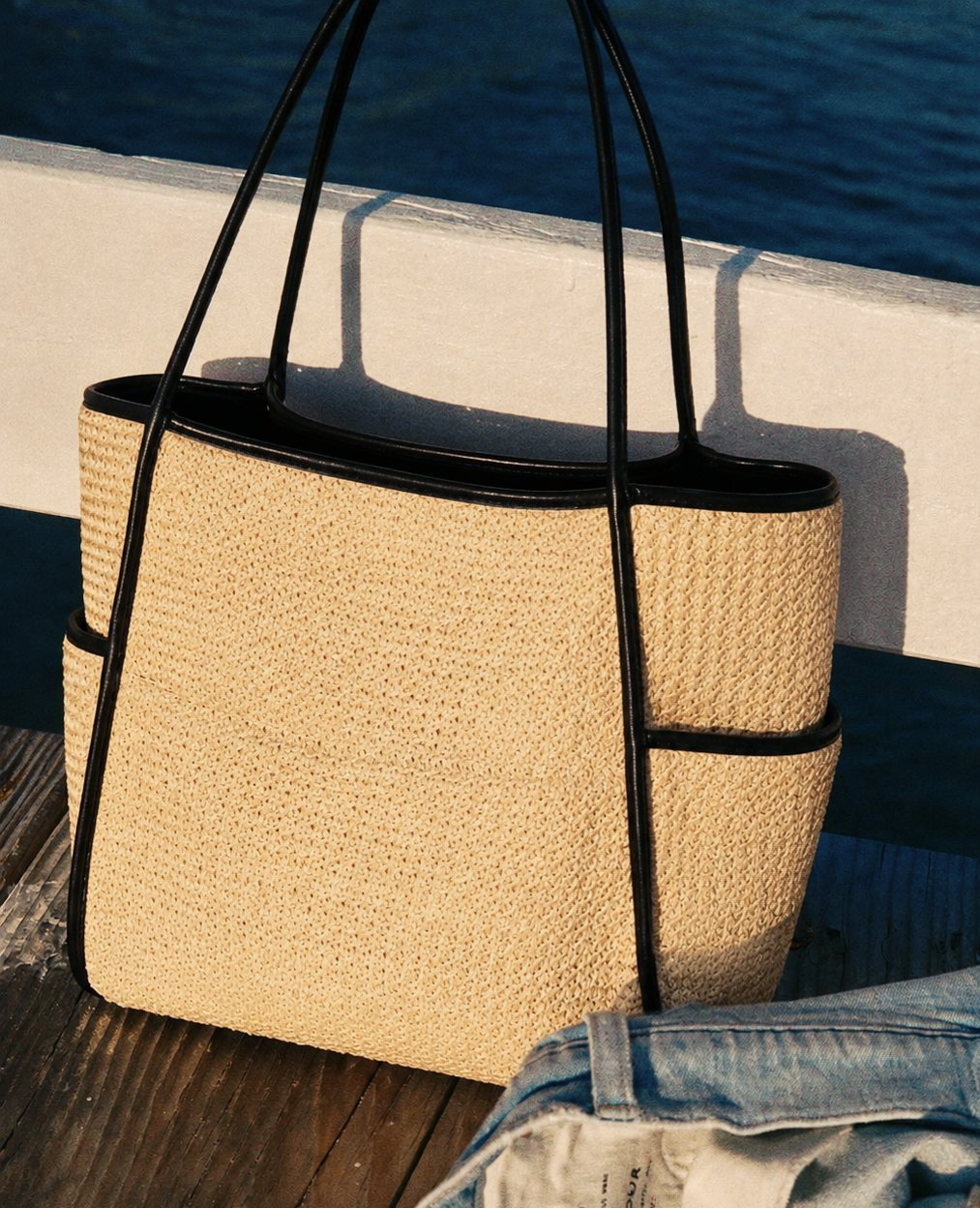 Woven Straw Shoulder Tote With Front Pockets - Khaki - 12