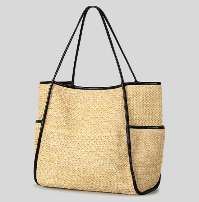 Woven Straw Shoulder Tote With Front Pockets - Khaki - 2