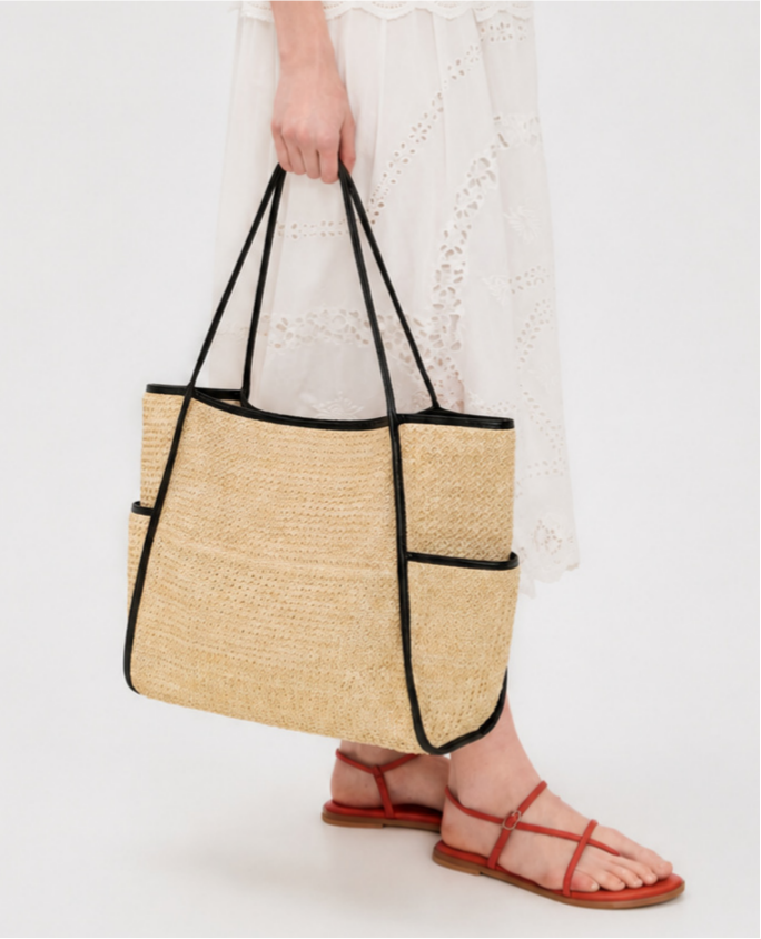 Woven Straw Shoulder Tote With Front Pockets - Khaki - 3