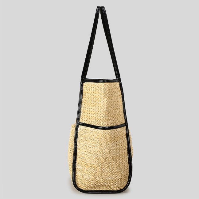 Woven Straw Shoulder Tote With Front Pockets - Khaki - 4