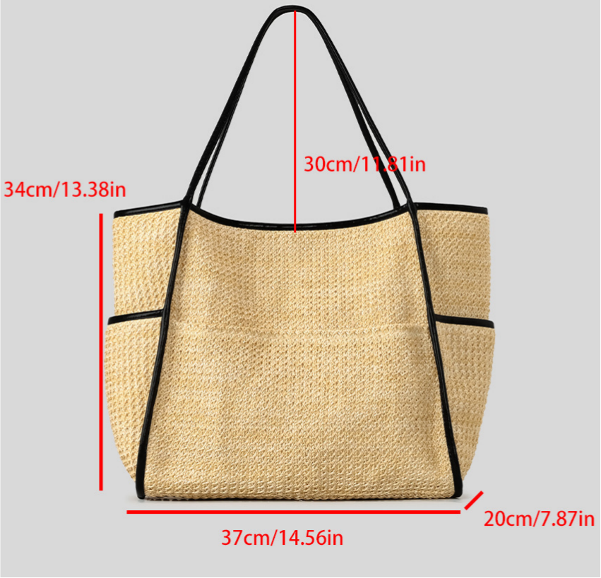 Woven Straw Shoulder Tote With Front Pockets - Khaki - 5