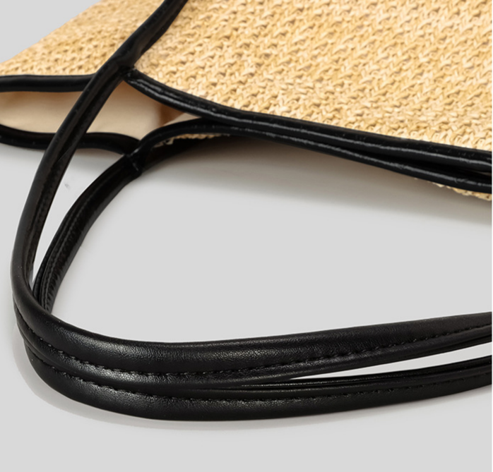 Woven Straw Shoulder Tote With Front Pockets - Khaki - 6