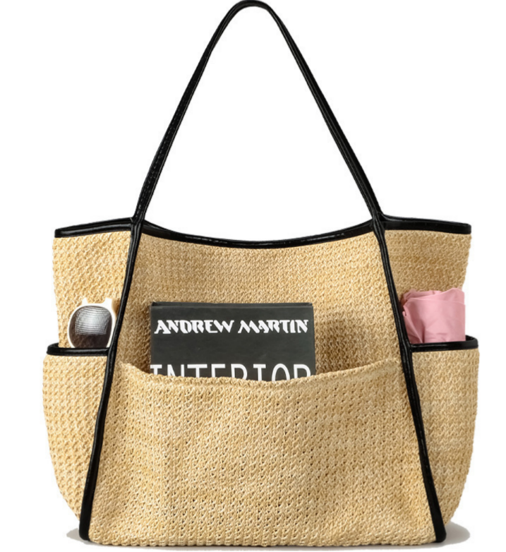Woven Straw Shoulder Tote With Front Pockets - Khaki - 7