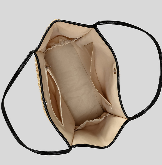 Woven Straw Shoulder Tote With Front Pockets - Khaki - 9