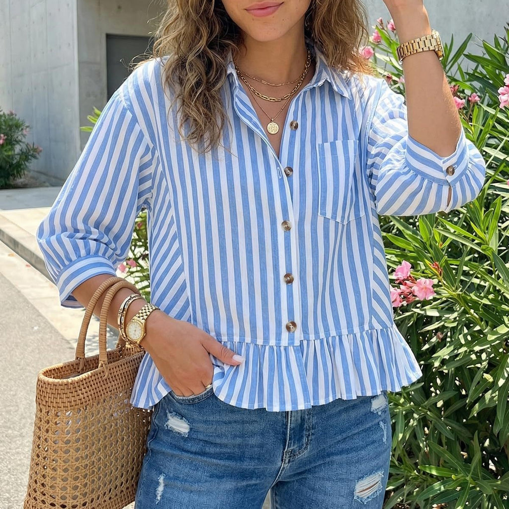 Vertical Stripe Peplum Button Up Blouse - Blue - 2
