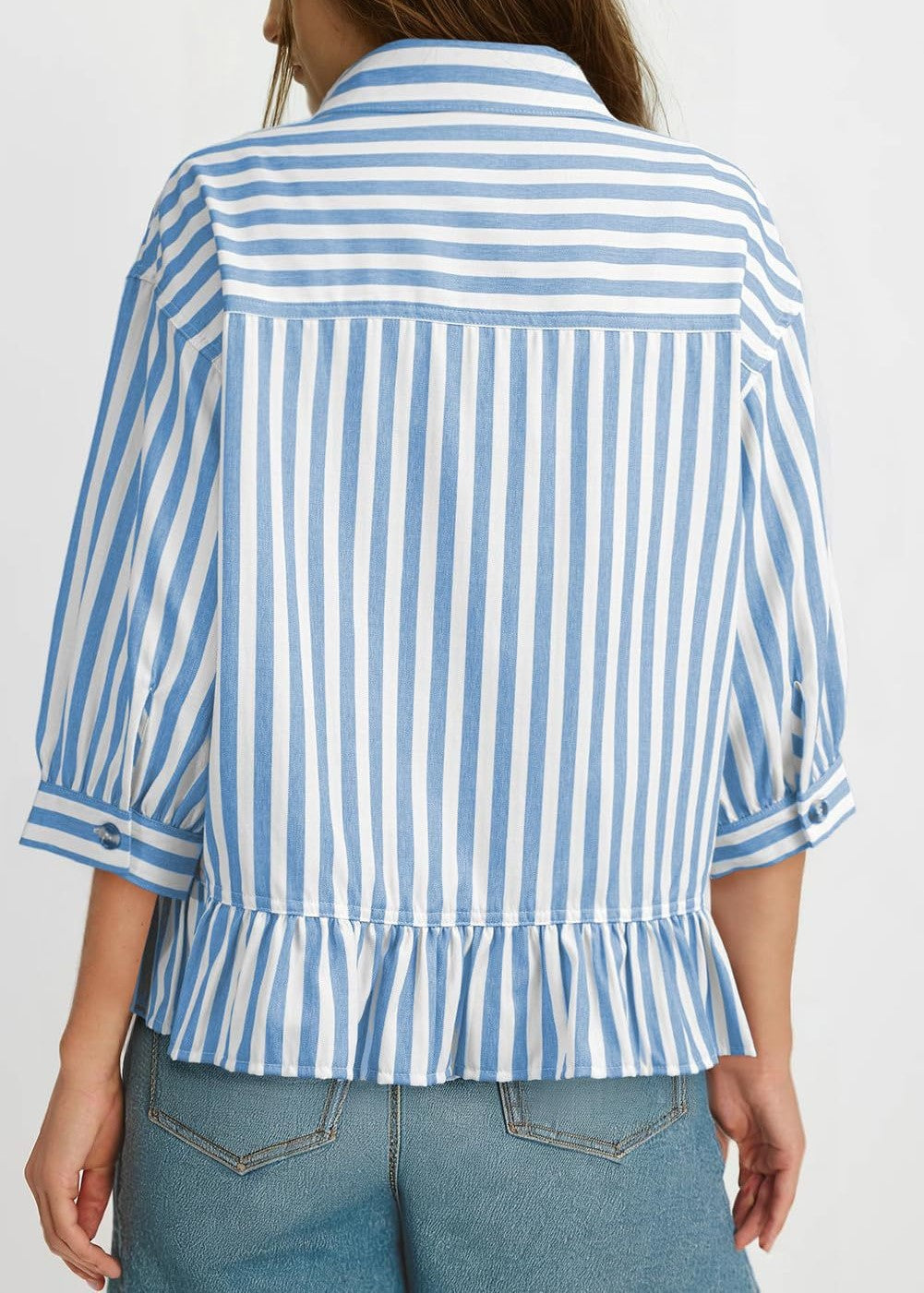 Vertical Stripe Peplum Button Up Blouse - Blue - 3