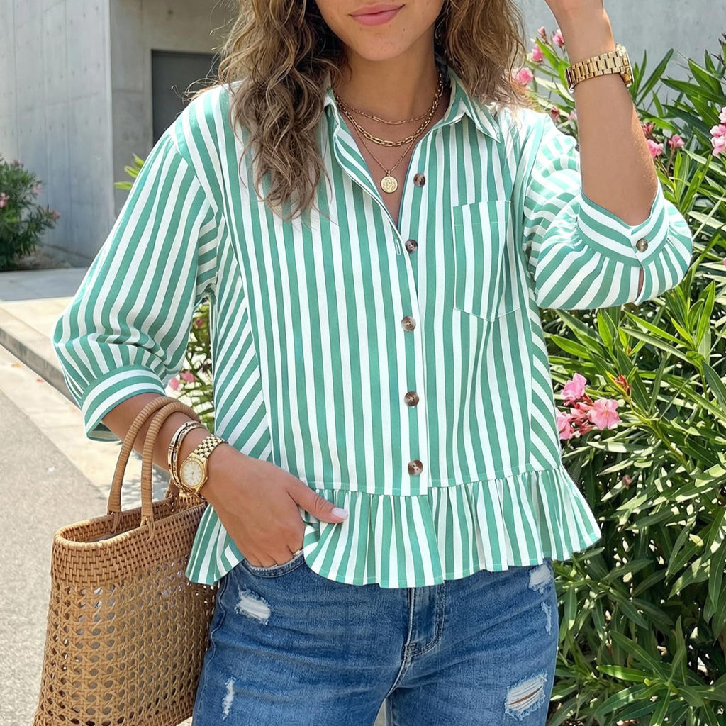 Vertical Stripe Peplum Button Up Blouse - Green