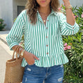 Vertical Stripe Peplum Button Up Blouse - Green
