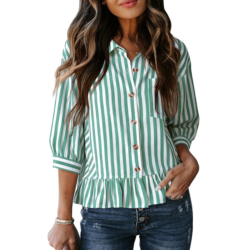 Vertical Stripe Peplum Button Up Blouse - Green - 1