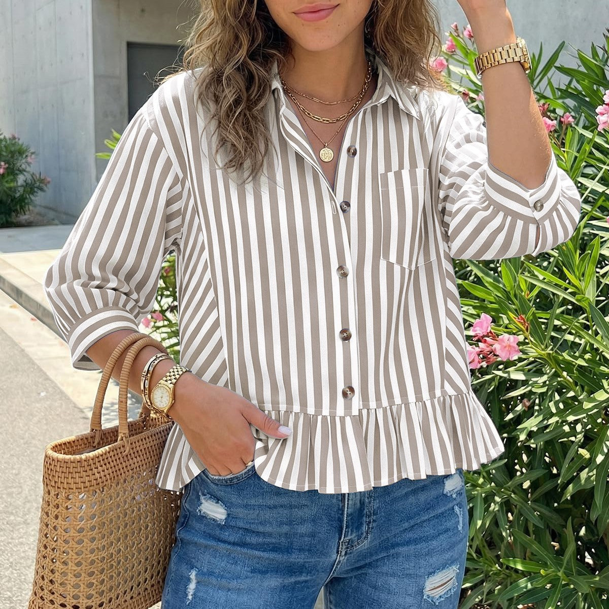 Vertical Stripe Peplum Button Up Blouse - Khaki - 1