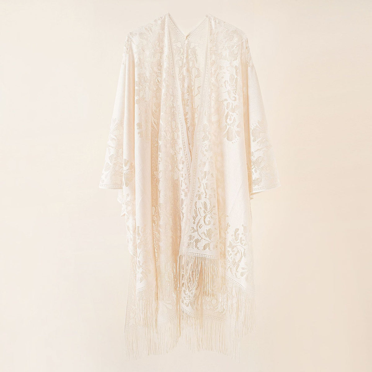 Sheer Lace Tassel Hem Kimono Wrap - Beige