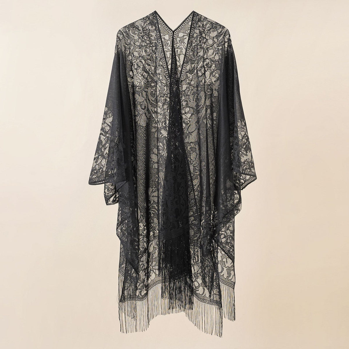 Sheer Lace Tassel Hem Kimono Wrap - Black - 1