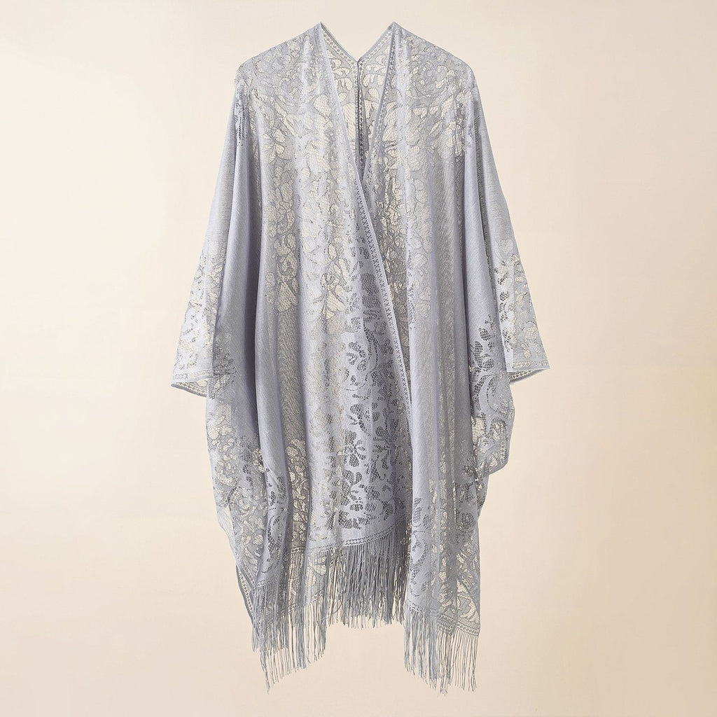 Sheer Lace Tassel Hem Kimono Wrap - Grey