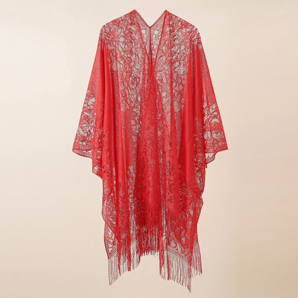 Sheer Lace Tassel Hem Kimono Wrap - Red