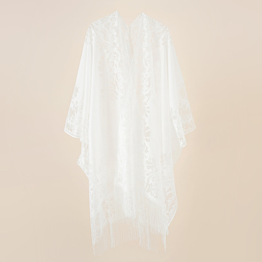 Sheer Lace Tassel Hem Kimono Wrap - White