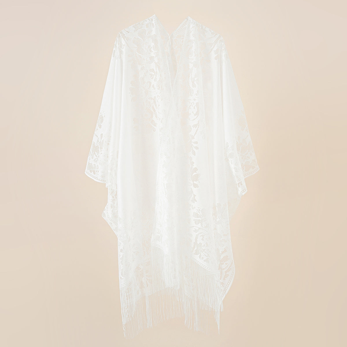 Sheer Lace Tassel Hem Kimono Wrap - White