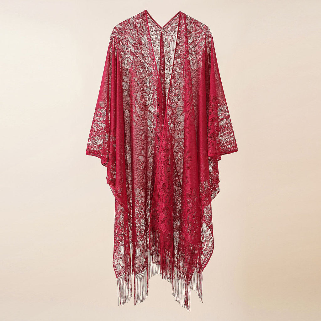 Sheer Lace Tassel Hem Kimono Wrap - Wine