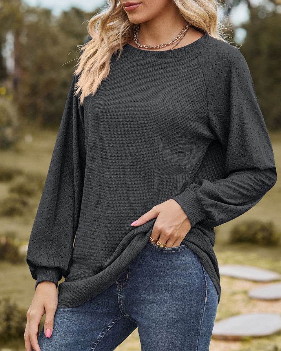 Crew Neck Raglan Sleeve Waffle Knit Blouse - Grey