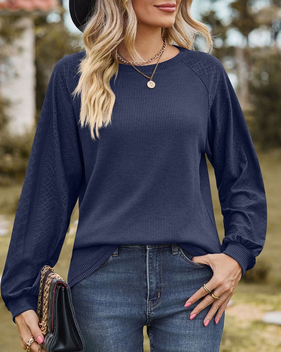 Crew Neck Raglan Sleeve Waffle Knit Blouse - navy