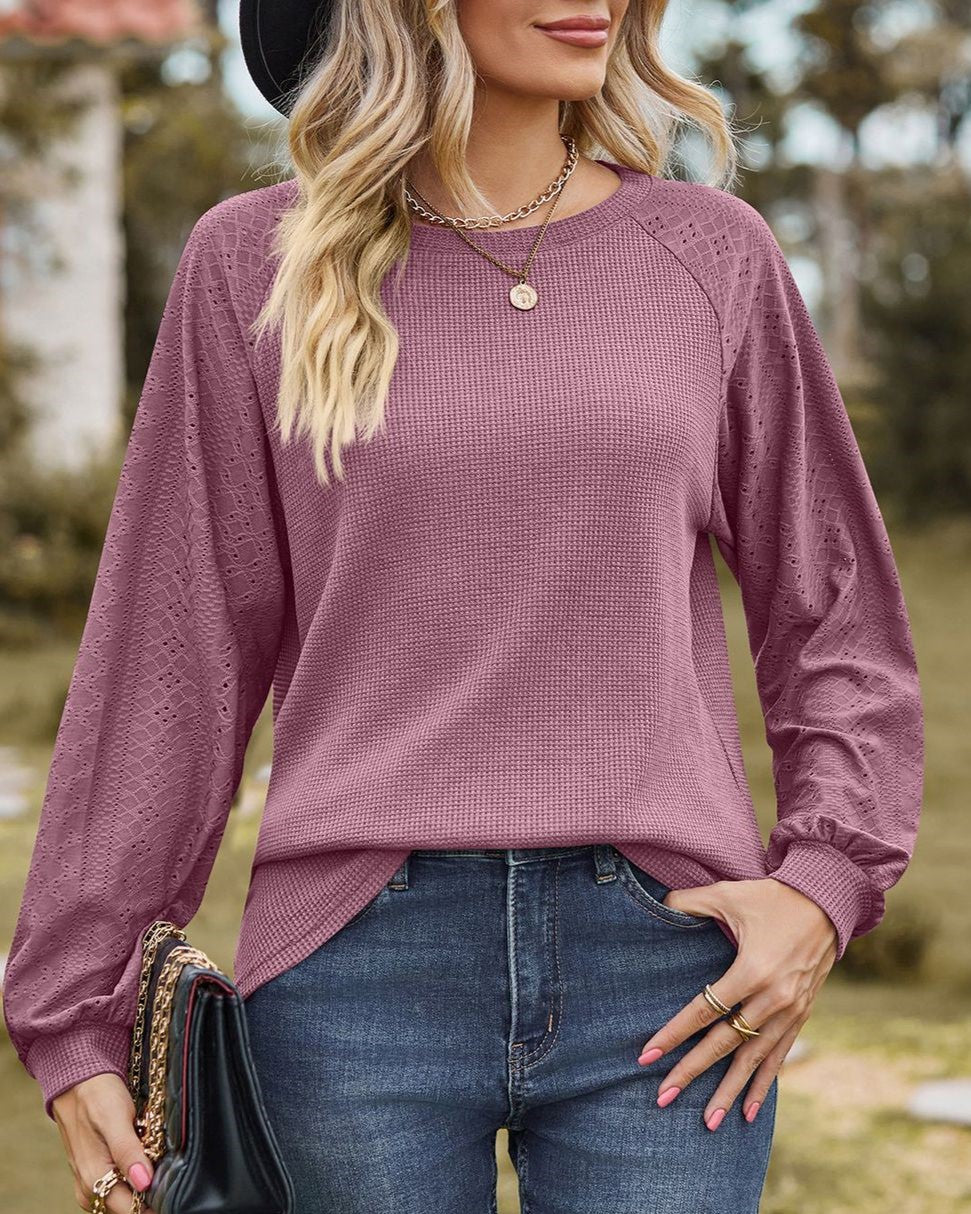 Crew Neck Raglan Sleeve Waffle Knit Blouse - purple