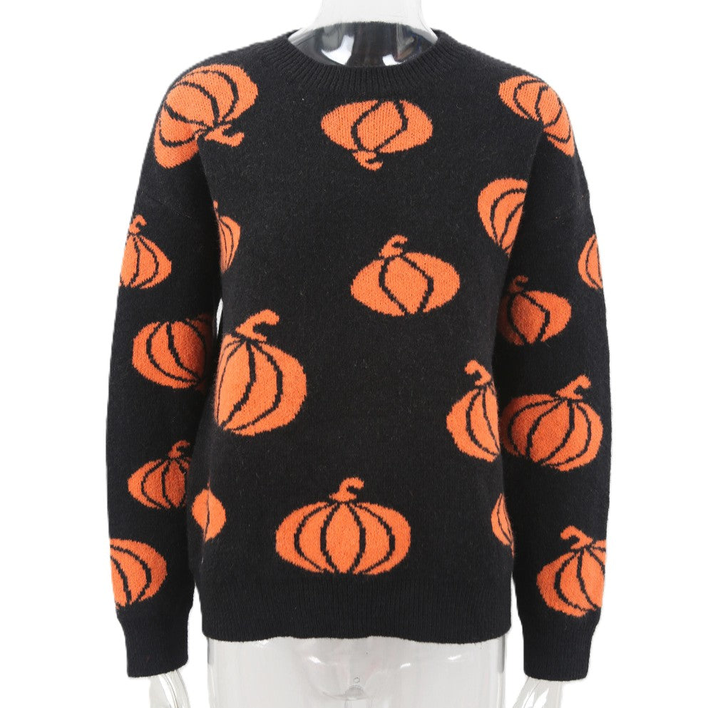 Cozy Pumpkin Crewneck Halloween Sweater - Black - 1