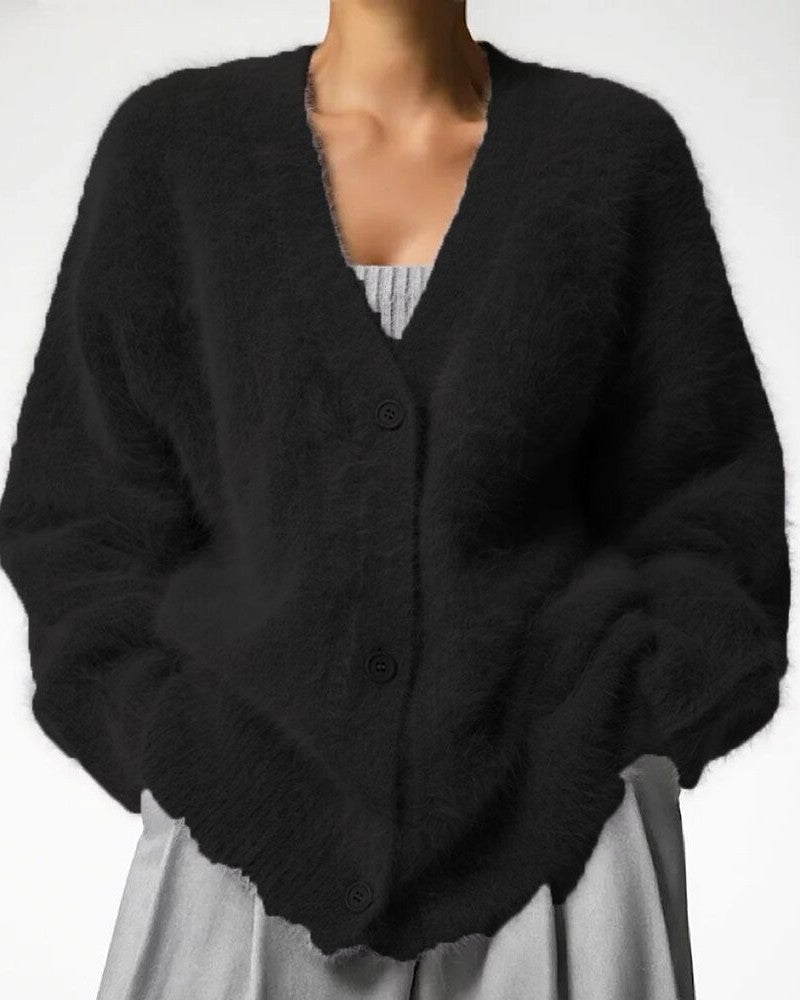 Fluffy Knit Slouchy Button Down Cardigan - Black