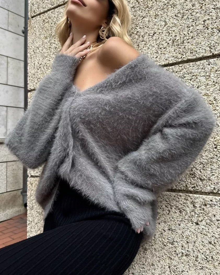 Fluffy Knit Slouchy Button Down Cardigan - Dark-Gray