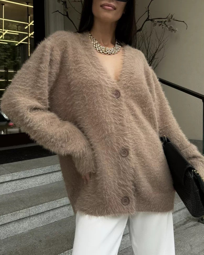 Fluffy Knit Slouchy Button Down Cardigan - Khaki