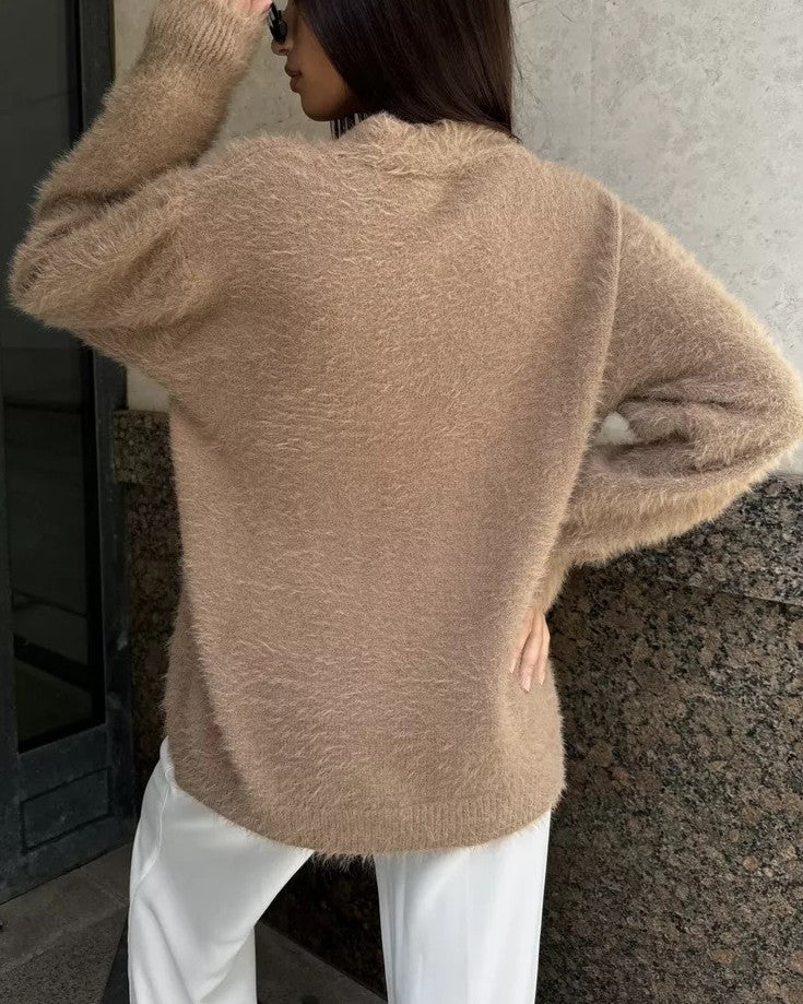Fluffy Knit Slouchy Button Down Cardigan - Khaki - 2