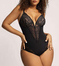 Lace Plunge Tummy Control Thong Shaping Bodysuit - Black