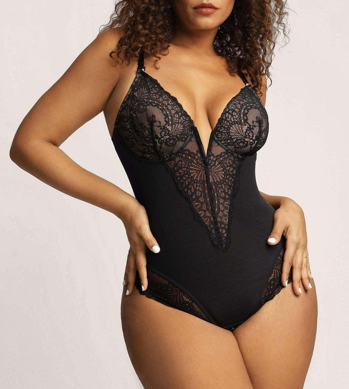 Lace Plunge Tummy Control Thong Shaping Bodysuit - Black